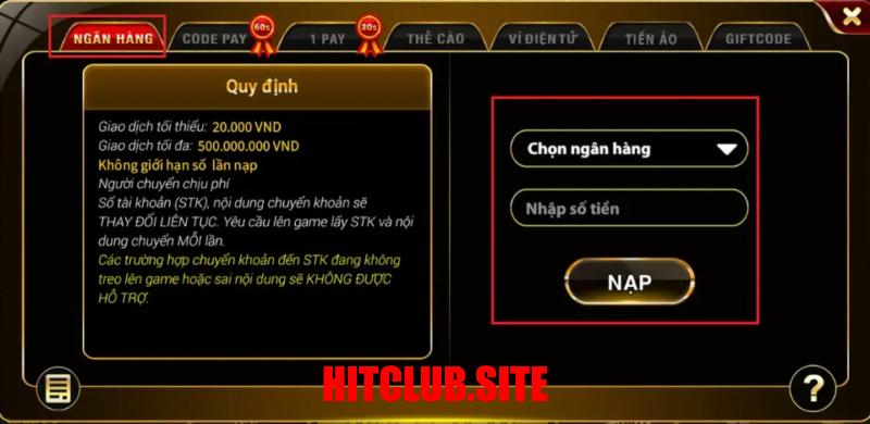 Nạp tiền Hit Club qua ngân hàng