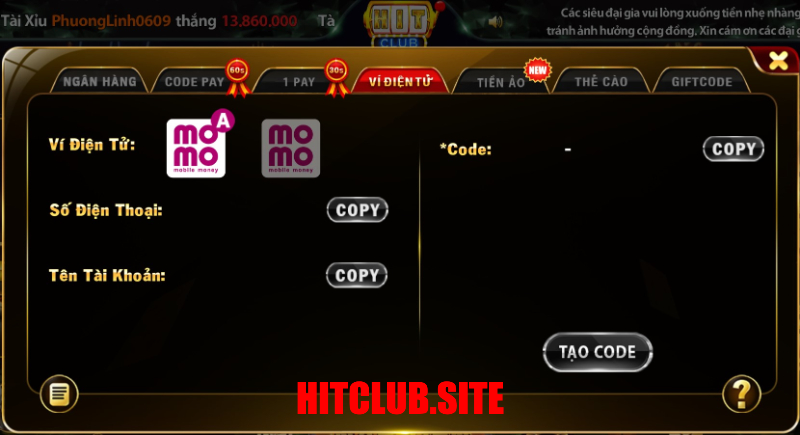 Nạp tiền Hit Club qua ví MOMO