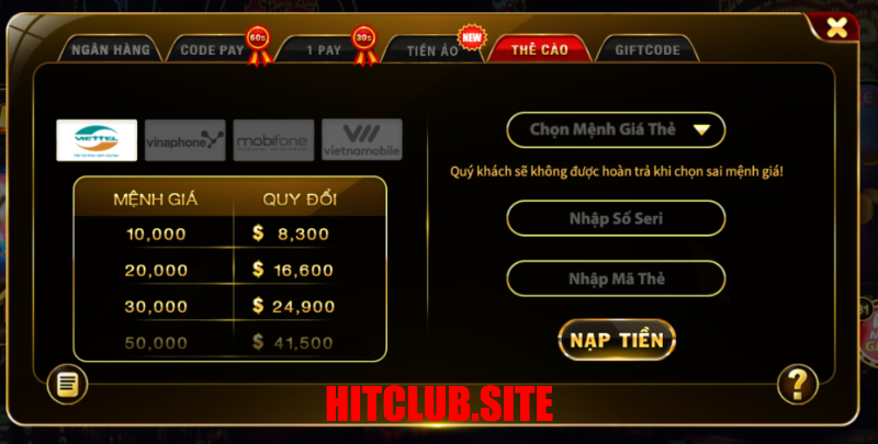 Nạp tiền Hit Club qua thẻ cảo